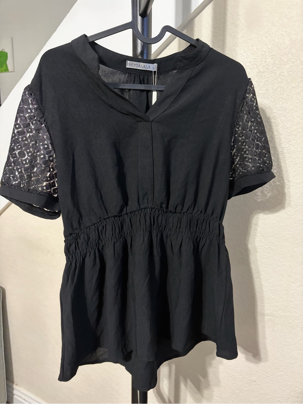 Alala Black Lace-Sleeve Gathered Waist Blouse